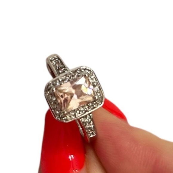 Silver tone & pink-cubic zircon emerald cut Gemstone clear surround Ring sz 8 - Picture 2 of 6